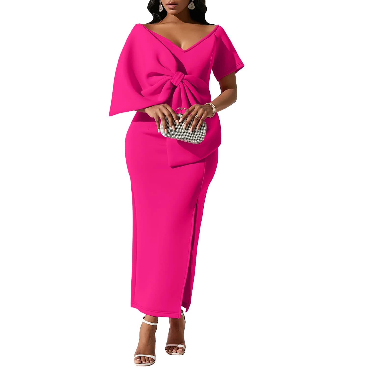 Women's Long Dresses African 2023 Summer sexy big bow elegant V-neck wedding party white pink purple dresses maxi dress