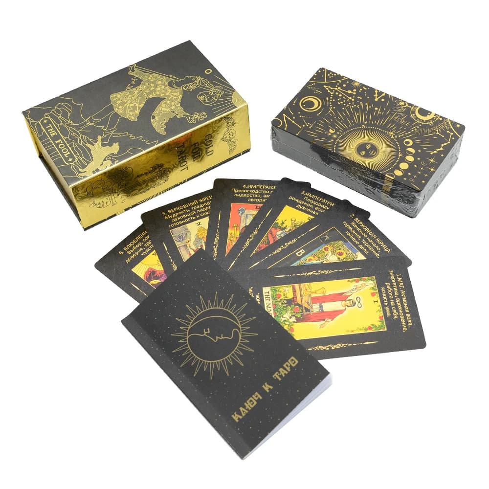 Lamina d'oro tarocchi 12x7cm versione russa gioco di carte PVC impermeabile gioco da tavolo Poker divinazione confezione regalo Set universo nero manuale