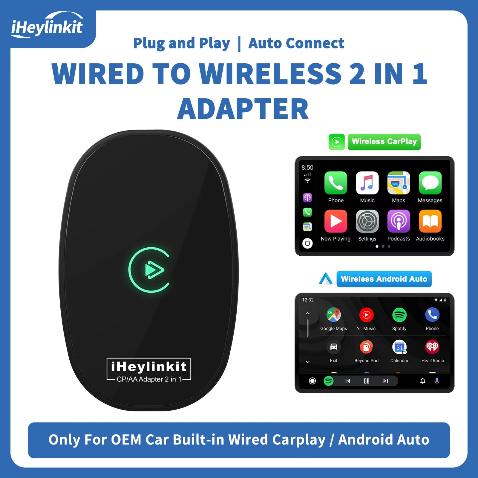 IHeylinkit 2 in 1 adapter from Wireless cab for CarPlay and Android Auto, Mini Box Intelligent Plug and Play, Quick WiFi connection, Car accessories
