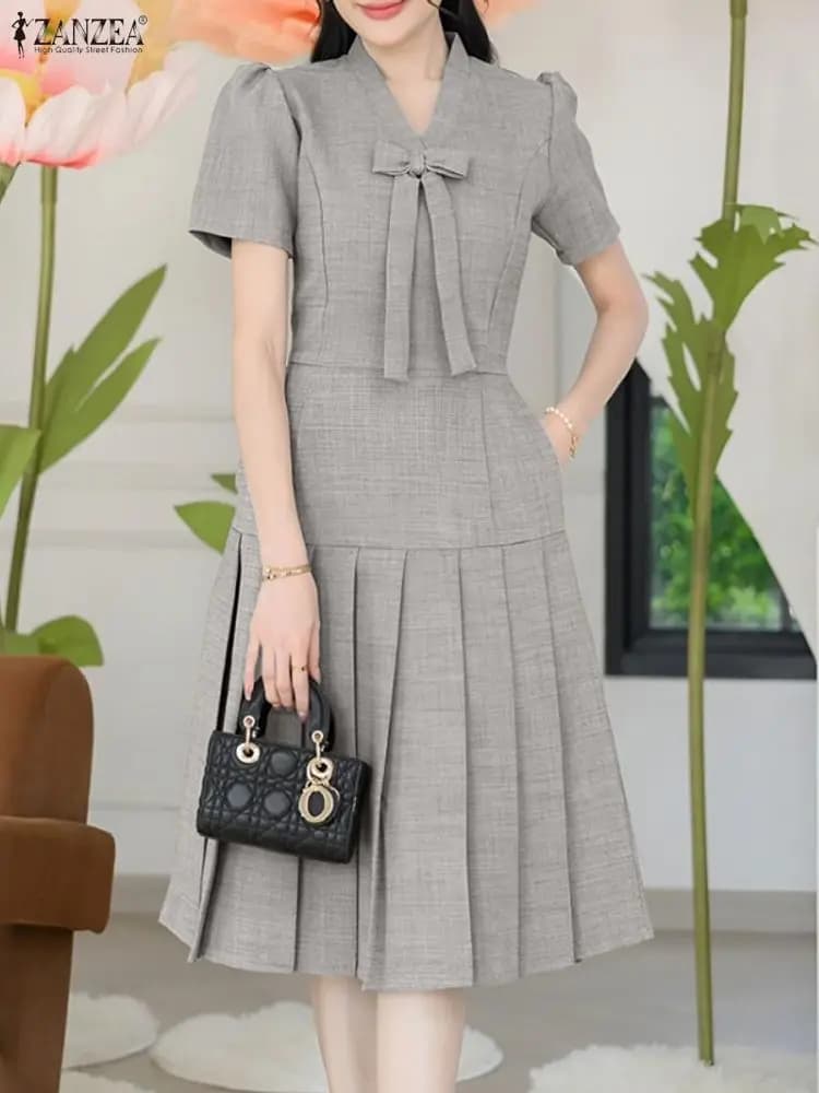 ZANZEA Elegant V-neck Office Dresses Woman 2025 Summer Dress Short sleeve Folded Summer dress Elegant Solid A Line OL Dress