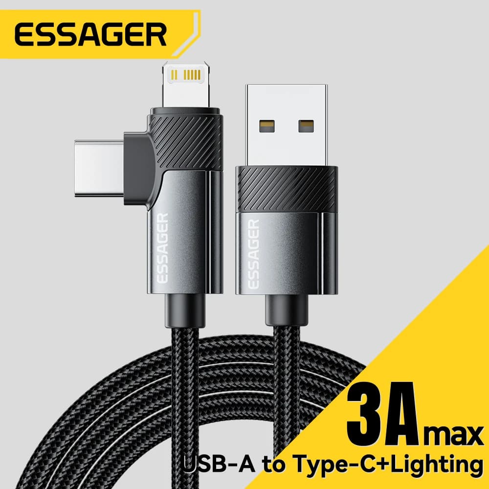 Essager 2-in-1 Cavo ad angolo retto USB A a Typec Illuminazione 3A Cavo dati a gomito a ricarica rapida per iPhone 16 15 14 Samsung iPad Pro