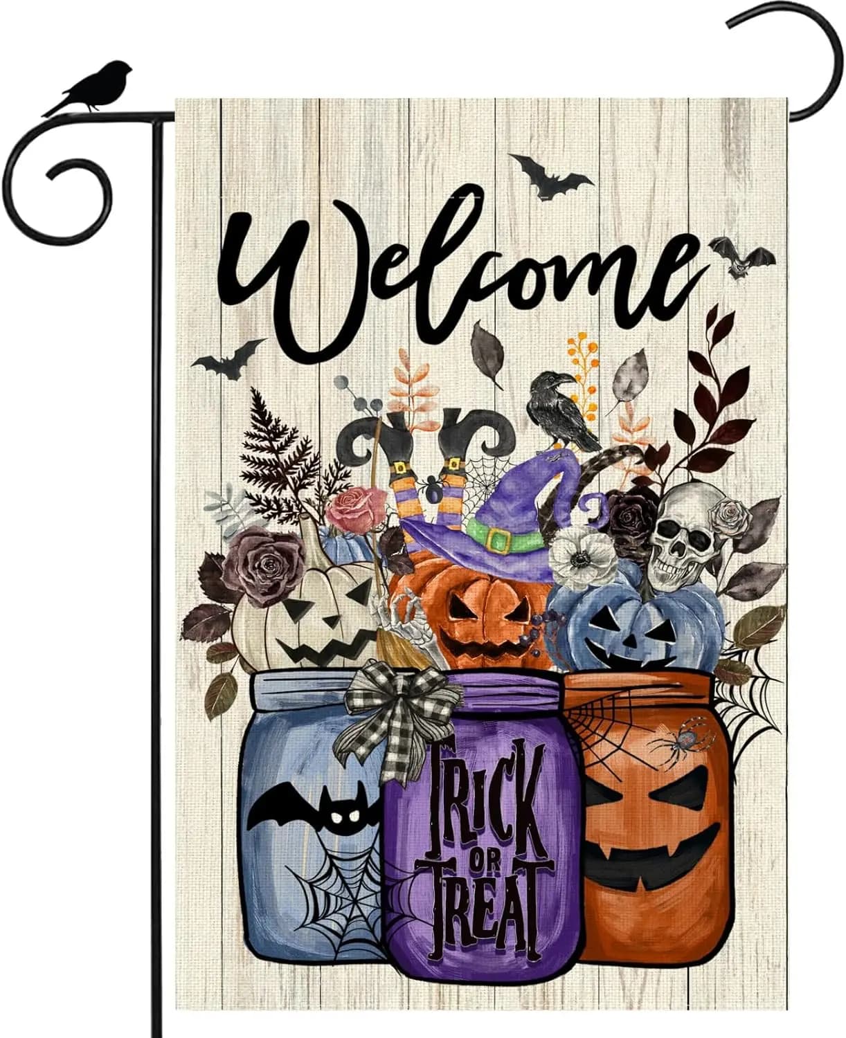 Welcome Halloween Garden Flag Watercolor Trick or Treat Vases Pumpkins Flower Leaves Yard Flag 12x18 Inch Double Sided Small SSL