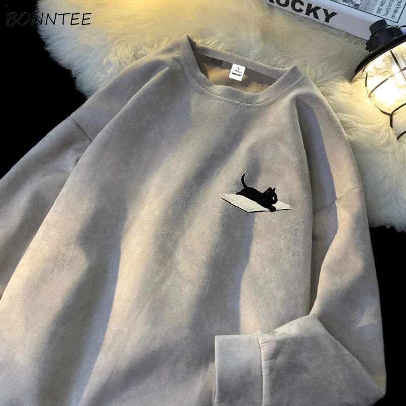 Men Hoodies Plus Velvet Autumn Winter Skin-friendly Printing Couples Loose Casual Tops O-neck All-match Stylish High Quality