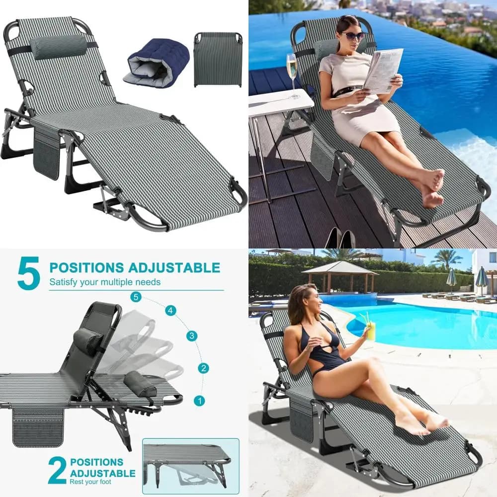 Chaise longue durable outdoor folding with cushion - Portable beach bed for relaxation and comfort