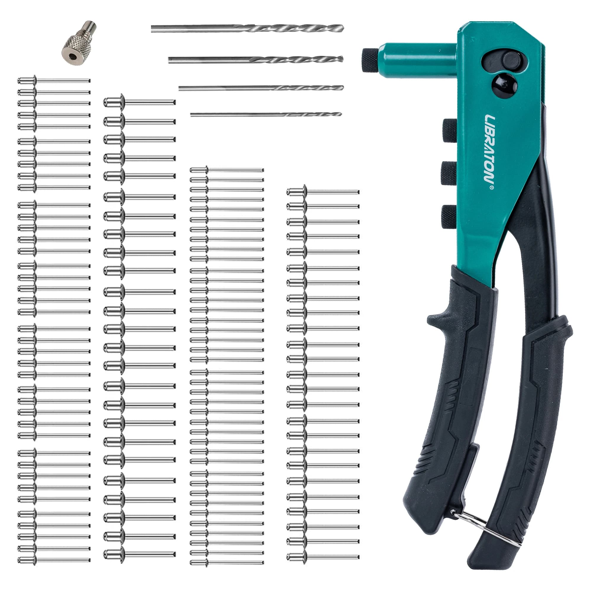 Kit Pistola Rivettatrice Libraton con 130 Rivetti Ciechi, 4 Punte HSS, 4 Teste Rivettatrici Senza Utensili, Rivettatrice Manuale per Lavori Pesanti