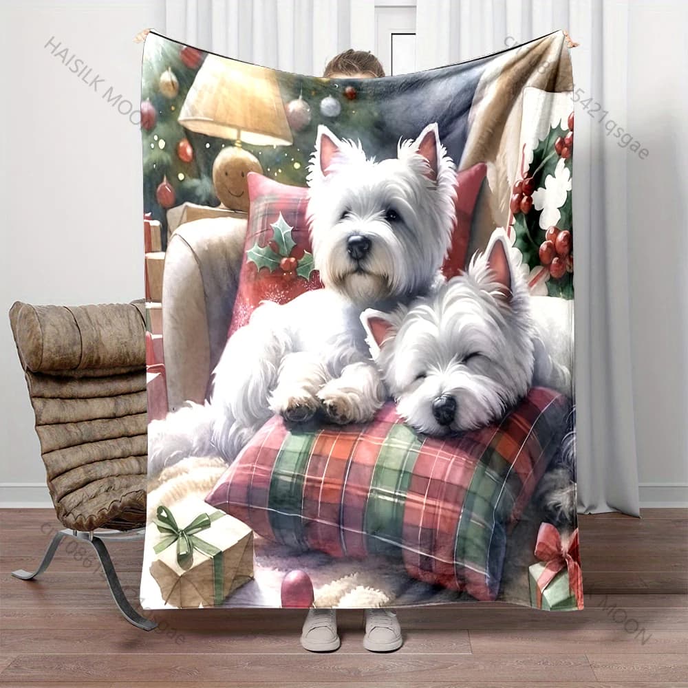 2 West Highland White Terriers Modello a tema natalizio Coperta in flanella Materiale morbido e caldo per tutte le stagioni Casa da campeggio all'aperto