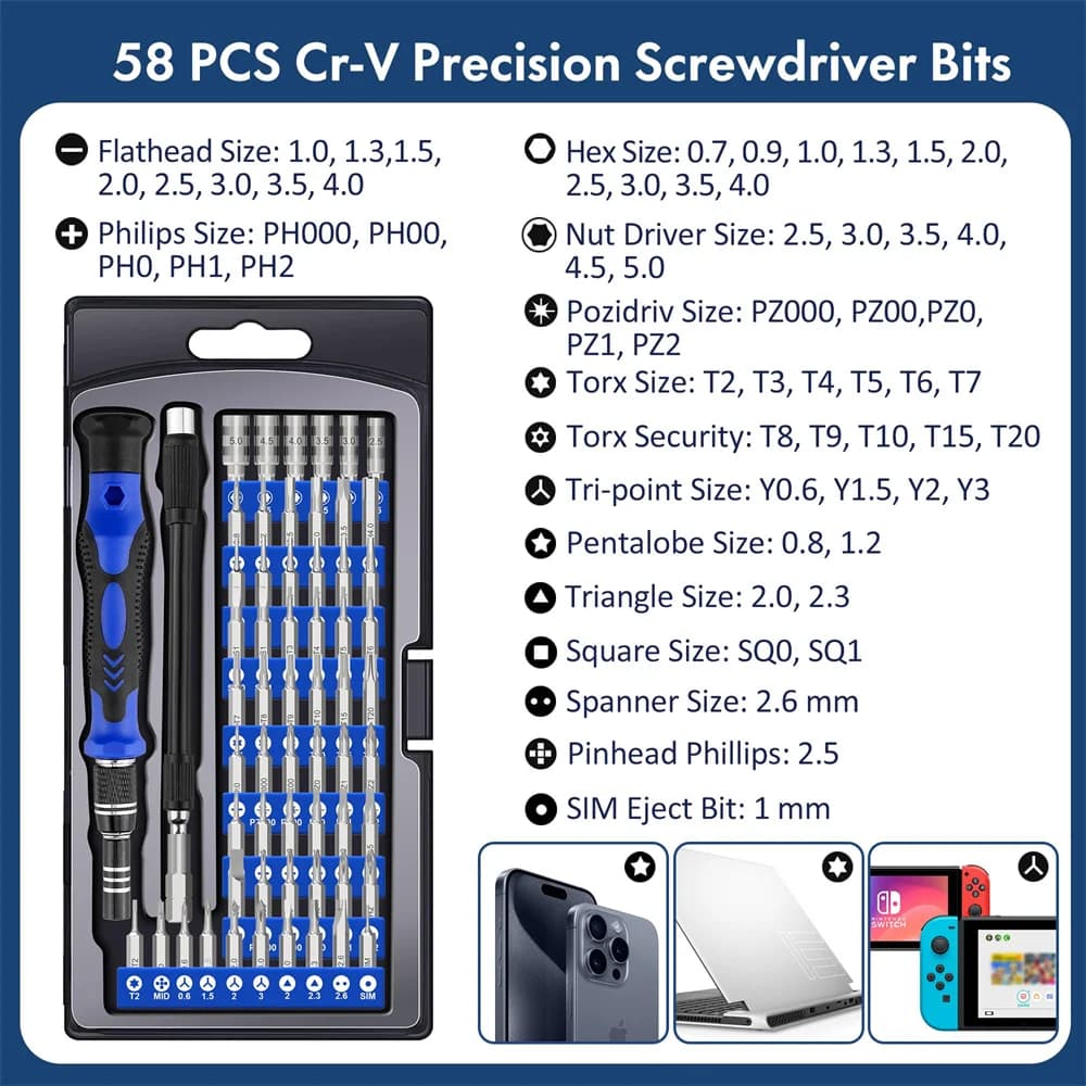 Set di cacciaviti di precisione 62 in 1 Punte in acciaio CR-V Driver magnetico Maniglia Estensione Kit di strumenti di riparazione albero flessibile per PC telefonico