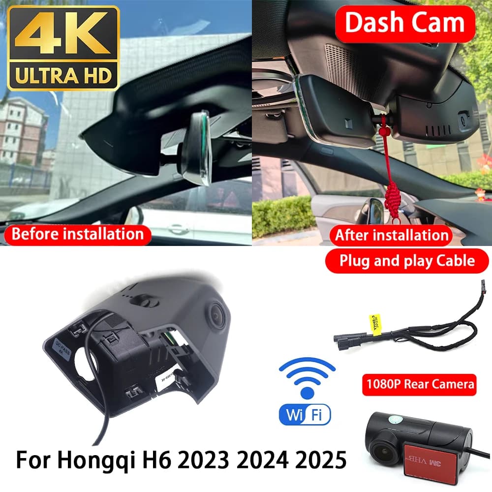 for Hongqi H6 2023 2024 2025 4K 2160P Dash Cam Front Rear Car Camera DVR Wifi Plug & Play Video Recorder Loop Recording