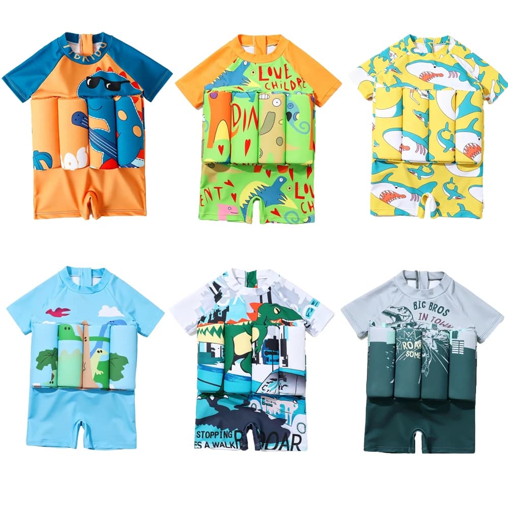 Costume da bagno galleggiante per bambini, divertente, a tema cartone animato, intero, con protezione solare, per maschietti e femminucce