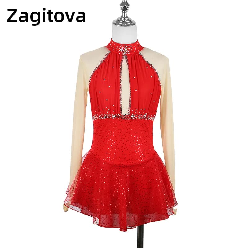 Zagitova Abito da pattinaggio di figura personalizzato Donna Ragazza Gonna da pattinaggio su ghiaccio Concorso Gonna a rete rossa Ginnastica Balletto
