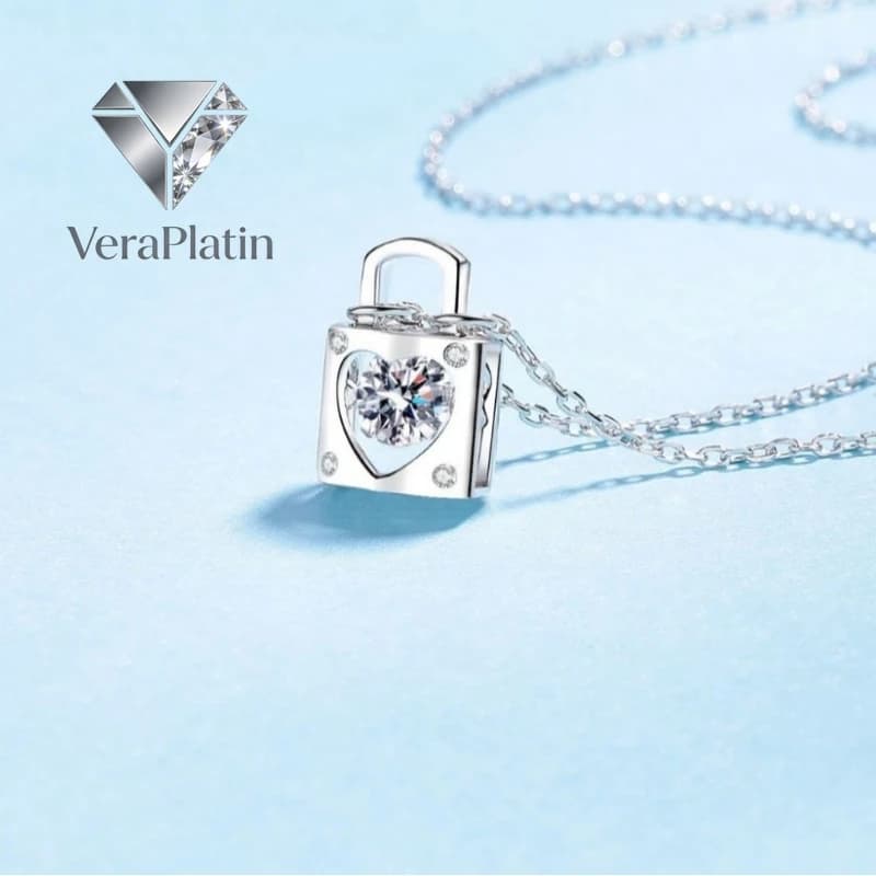 VeraPlatin Collane da donna con lucchetto in oro bianco 18K per San Valentino, regalo di compleanno per figlia, con diamante Moissanite 0.3/0.5CT in platino PT950