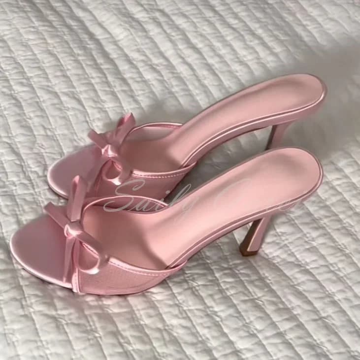 Tacchi alti con fiocco in rete Tacchi alti rosa Punta tonda Tacco a spillo Slip On Designer Brand Fuori Pantofole fresche da ragazza con tacco basso tinta unita