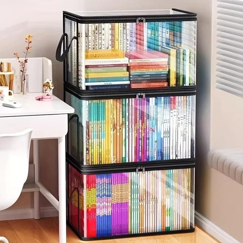 3-Pack of Foldable, Space-Saving Large Transparent Storage Boxes with Flip Lids, Large Rectangular Organizer Boxes with Front Lids and Covers, Space-Saving Design Suitable for Books, Clothes, Office, Home, Travel, Durable Plastic Containers, Storage Boxes, Home Organization