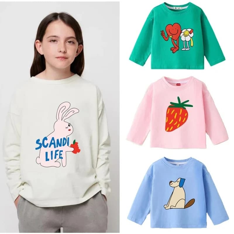 Magliette a maniche lunghe per bambini con cartoni animati, Collezione Autunno 2026, Top alla moda per ragazzi e ragazze, Maglie pullover per neonati e bambini, Abbigliamento per neonati
