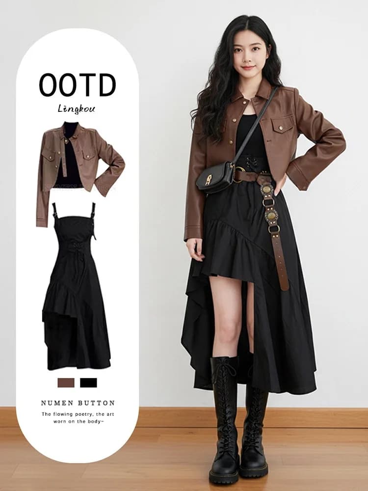 Completo due pezzi da donna autunno/inverno: giacca corta slim fit e vestito asimmetrico con spalline, stile casual, vita arricciata, maniche lunghe