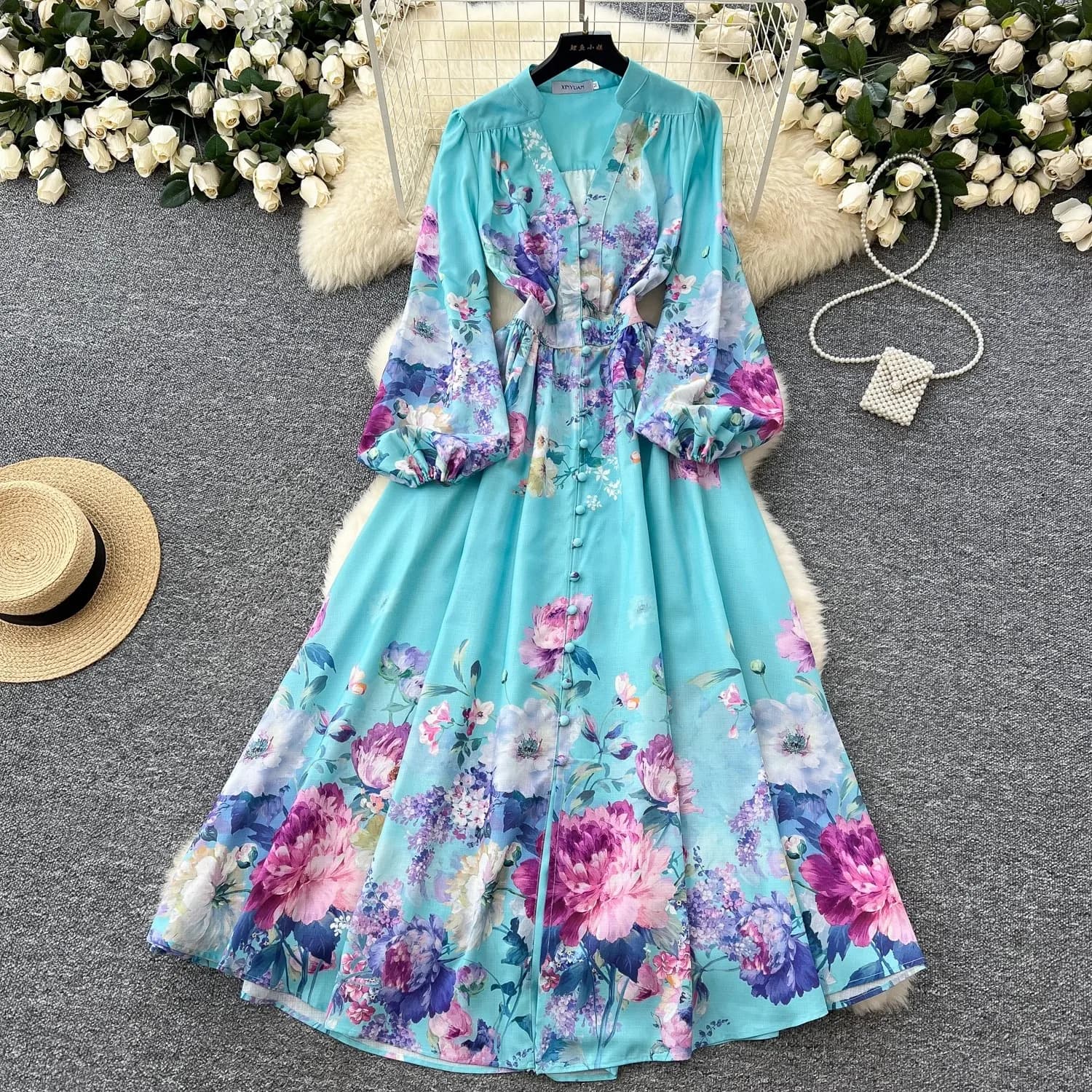 Abito lungo a fiori vintage Lanterna da donna Manica lunga Scollo a V Monopetto A-Line Fiore stampato Ruffles Robe Abiti Abiti