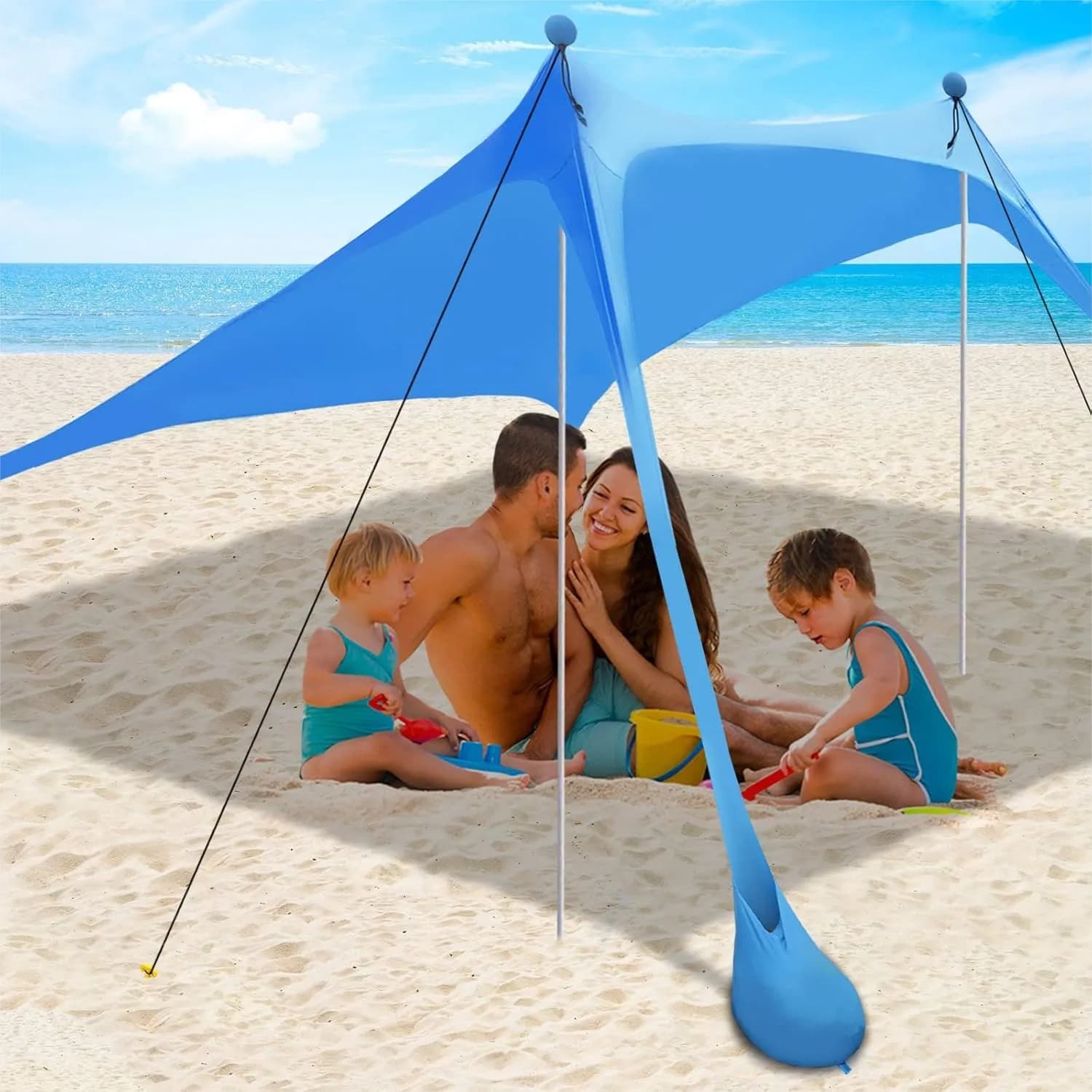 Tenda da Spiaggia con Protezione Solare UPF 50+, Sacchi di Sabbia, Pali e Corde Antivento per Campeggio all'Aperto