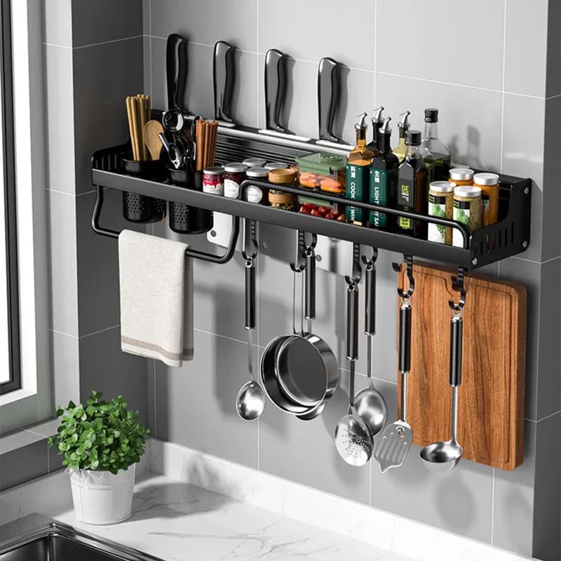 Kitchen Spice Racks Storage Shelf Space Wall-Mounted Aluminum Multifunctional Punch-Free Kitchen Shelf Organizer Set