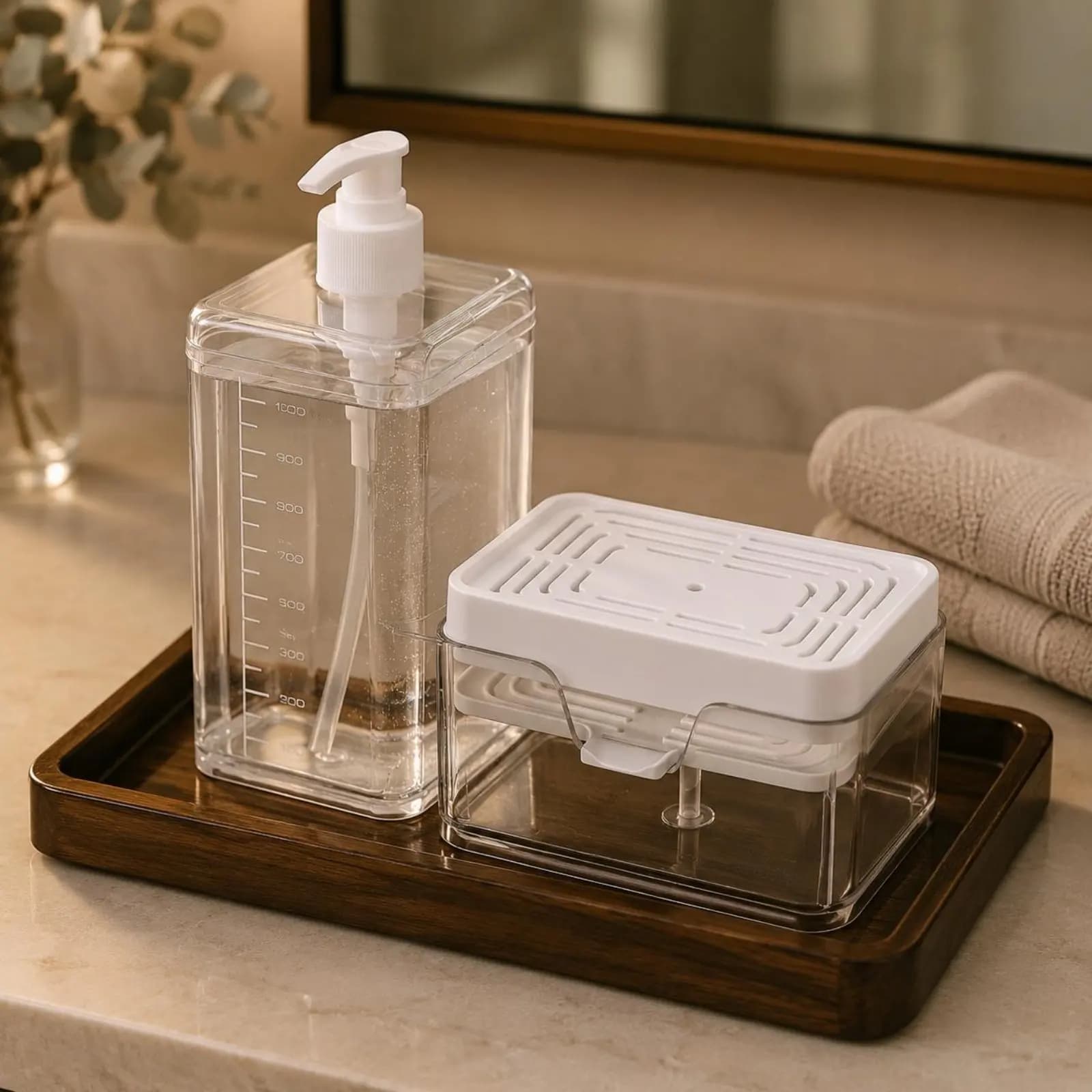 2 Pieces Press Soap Dispenser Transparent Body Drain Basket Soap Dispenser Bathroom Storage for Sink