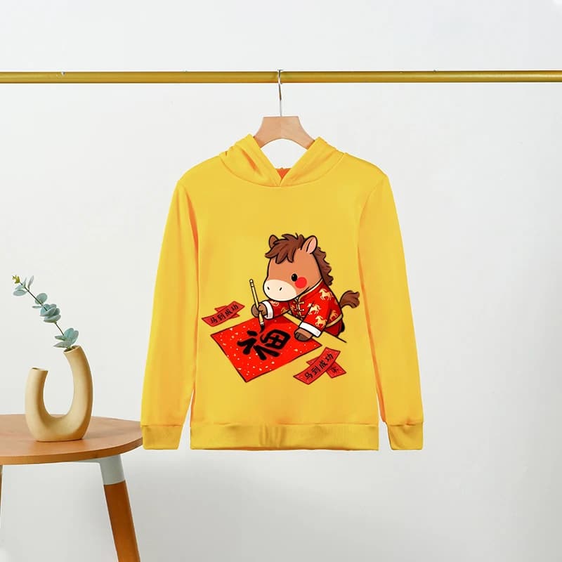 2026 Year of the Horse Chinese Style Cute Horse Writing Blessing Kids' Hoodie | Boys & Girls Black New Year Festive Top