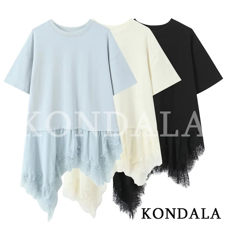 KONDALA T-shirt Casual da Donna di Tendenza 2026, Magliette Estive alla Moda con Orlo Asimmetrico in Pizzo, T-shirt Eleganti con Scollo a O per le Vacanze da Donna