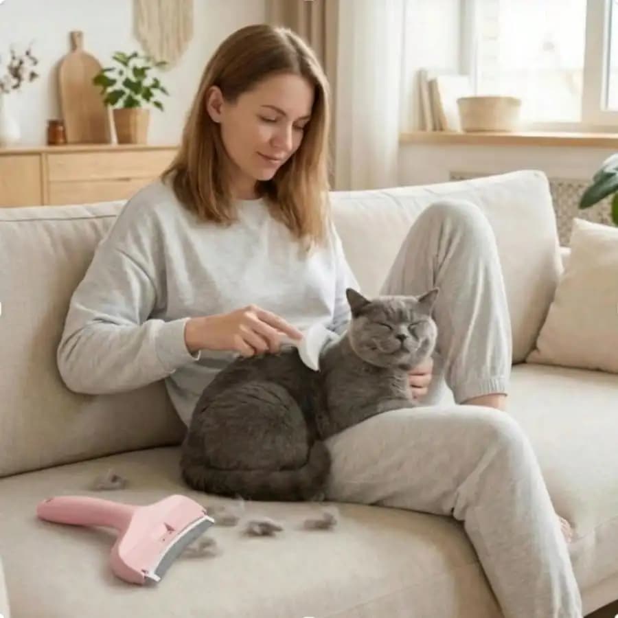 Pettine autopulente per toelettatura di animali domestici con rimozione dei peli con un solo clic, denti curvi, adatto per cani e gatti, rimuove i peli superflui.