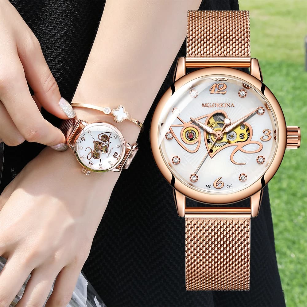 Orologio Automatico ORKINA per Donna, Quadrante Meccanico con Diamanti, Cinturino in Maglia d'Acciaio Oro Rosa, Luminoso, Elegante Orologio da Polso Femminile