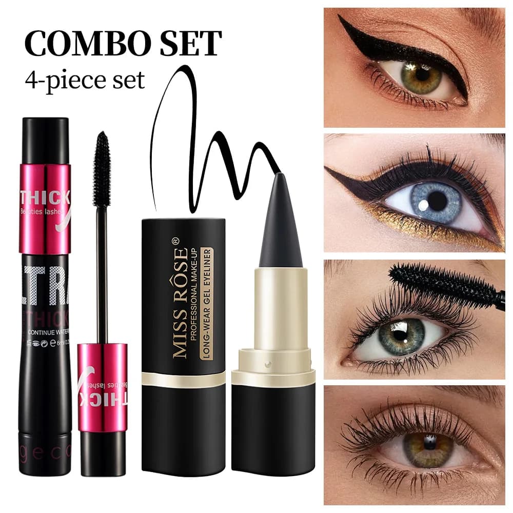 4PCS Black Mascara and Gel Eyeliner Set, 2 Waterproof Volumizing Lengthening Mascara Tubes + 2 Smudge-Proof Long-Wear Gel Eyeliner Sticks, Rich Black Lash Definition and Precision Wing Eye Makeup Kit for Women, Daily Natural Glam Party Looks