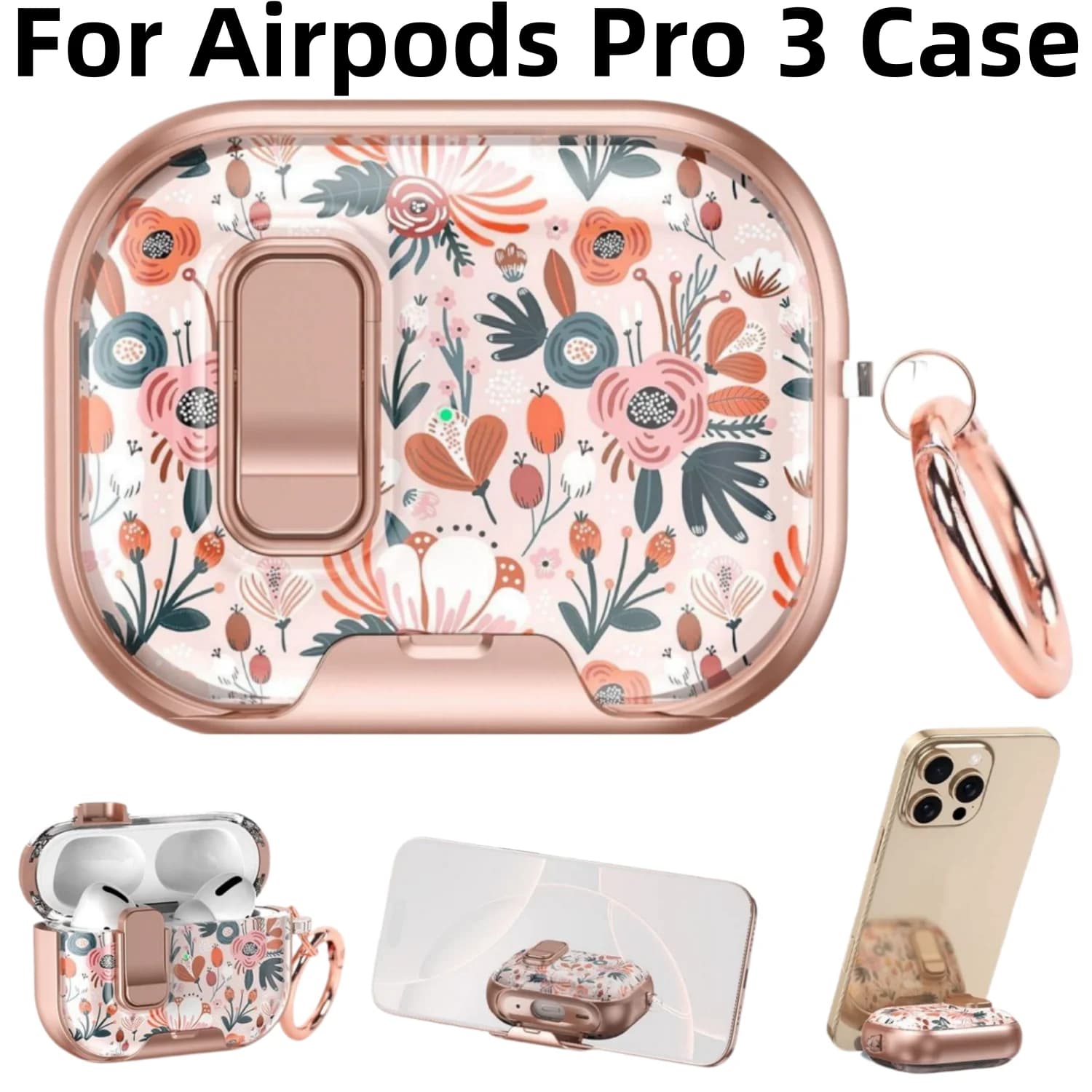 Custodia con Supporto per Airpods Pro 3, Design Floreale Carino con Chiusura Sicura per Airpods Pro 3a Generazione, Accessori con Moschettone
