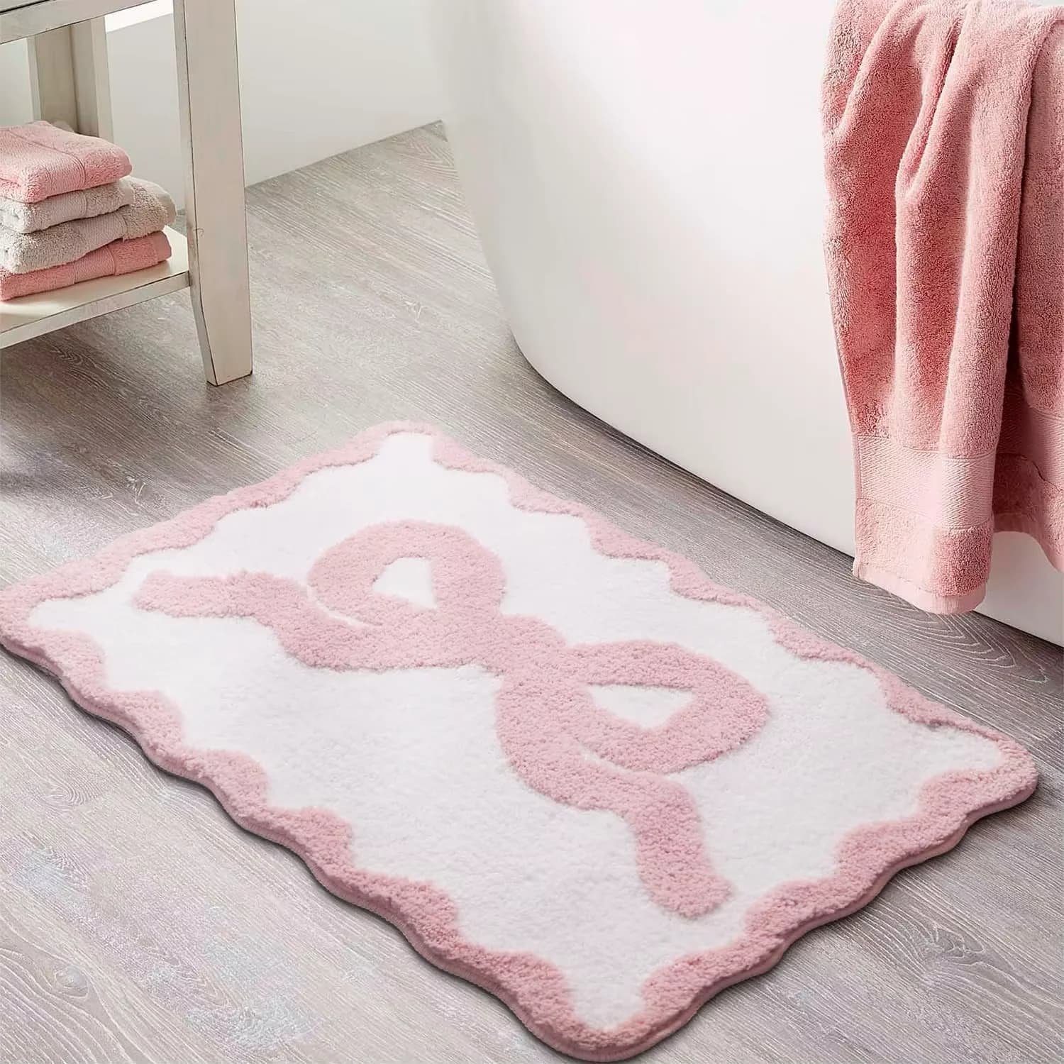VIKAMA 1 bathroom mat with pink bow for bath, nice preppy mats with unsold edges, soft microfiber, ultra absorbent, anti-slip