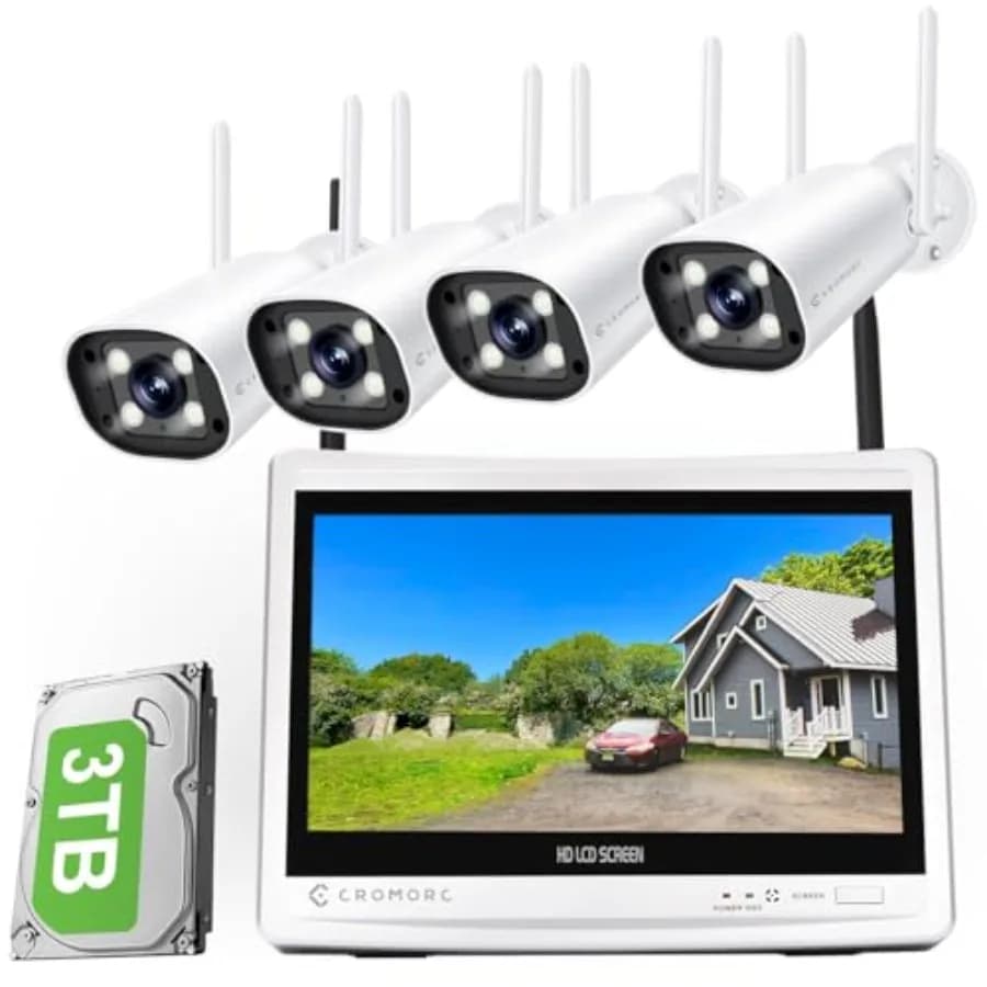 Sistema di telecamere di sicurezza wireless per la sorveglianza domestica: NVR espandibile a 16 canali con monitor da 12,5 pollici, 4 telecamere da 5MP, bianco, rilevamento umano