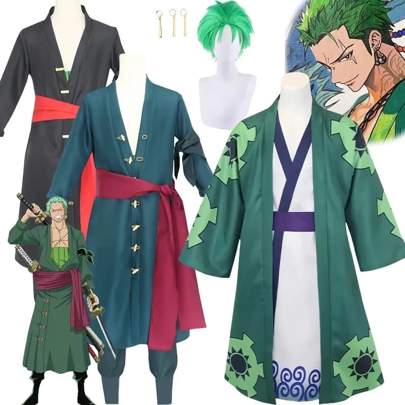 Bilibili Roronoa Zoro Costume Cosplay Anime Zoro Cosplay Zoro Kimono Mantello Orecchini uniformi Parrucca Abiti di Halloween per uomo