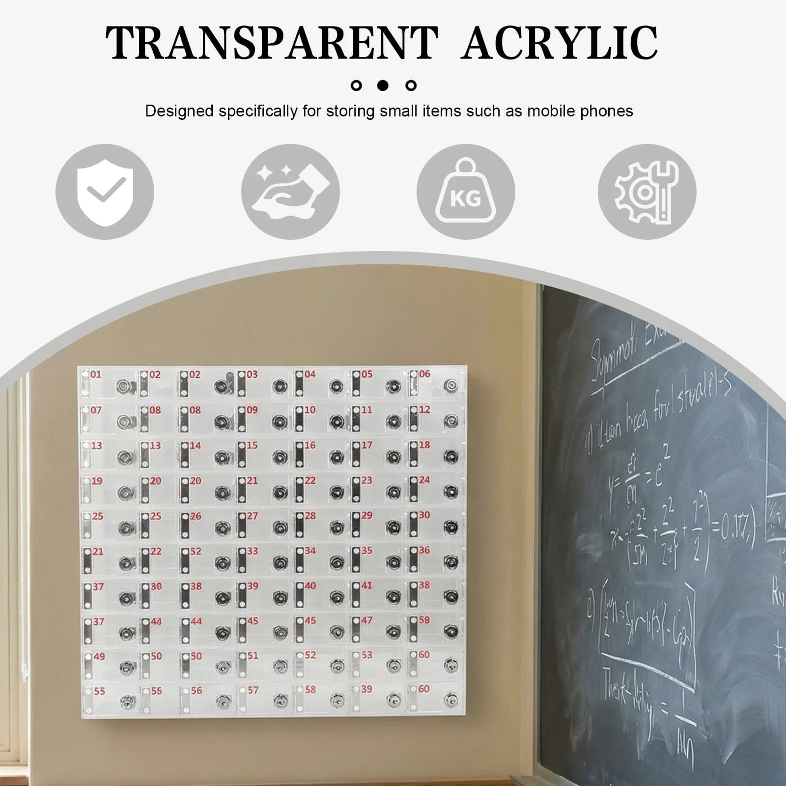 Wall cabinet in transparent acrylic with 40/60 Parts, Locks and Keys for classroom, Gym and Office