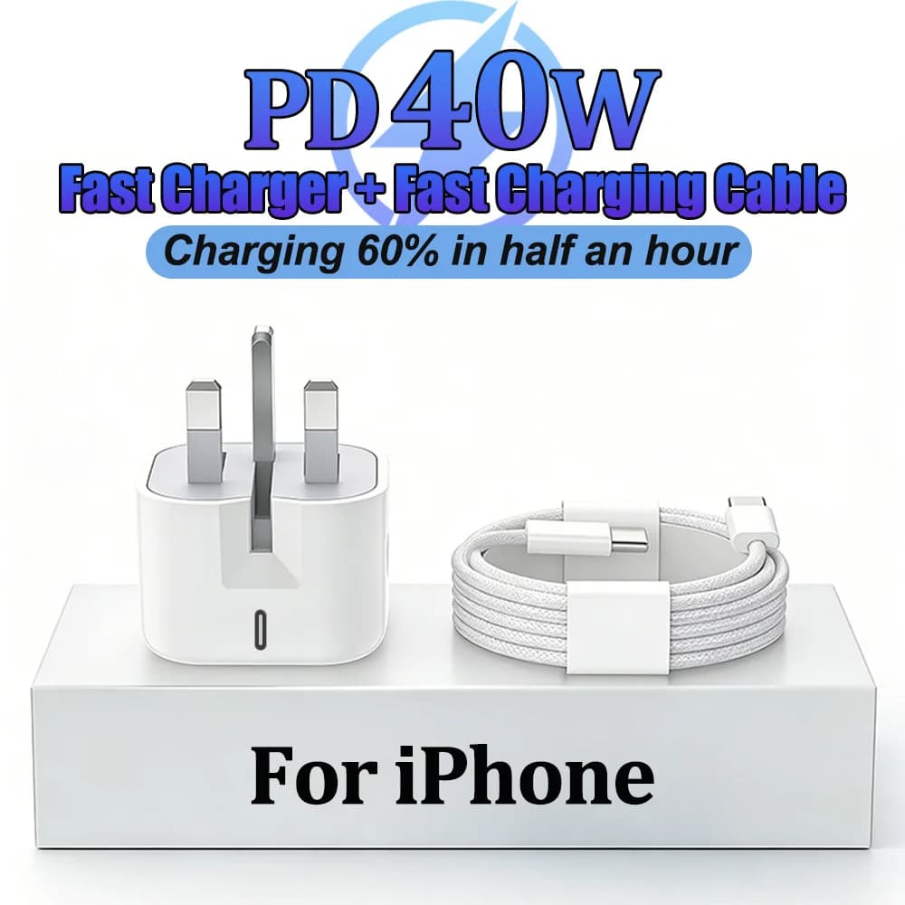 Caricabatterie Rapido PD 40W per Apple per iPhone 17 16 15 14 13 12 11 Pro Max e per iPad, Cavo Dati USB-C 5A per Ricarica Veloce, Spina EU/UK