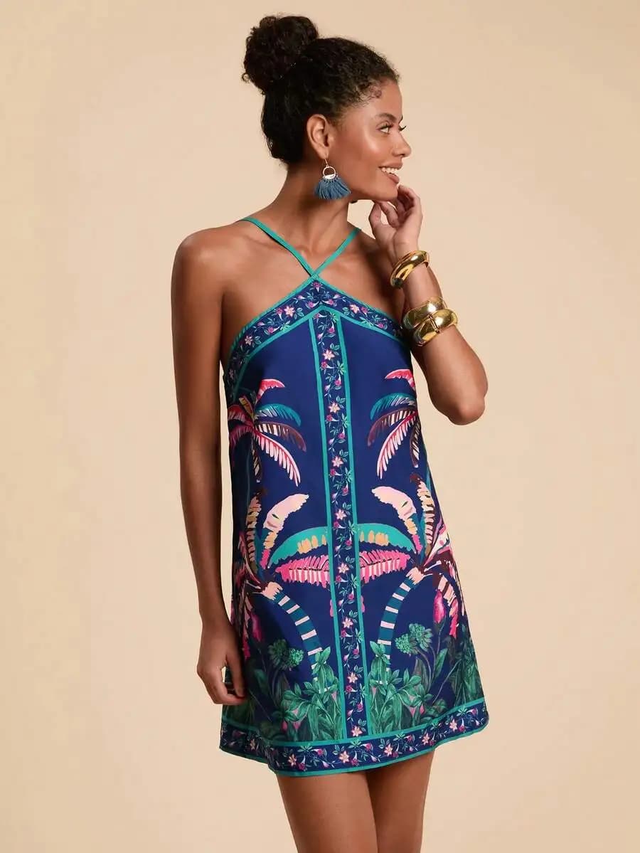 Mini abito con stampa tropicale e scollo all'americana per donna, senza maniche, ideale per vacanze e spiaggia