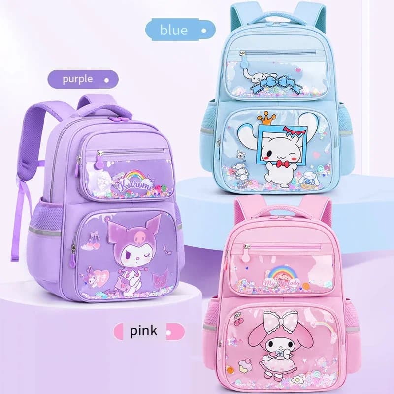 Zaino per bambini Kuromi, nuovo zaino per studenti con cartoni animati di Hello Kitty, carino per ragazze, con copertura per entrambe le spalle e protezione per la schiena, in tessuto Oxford.