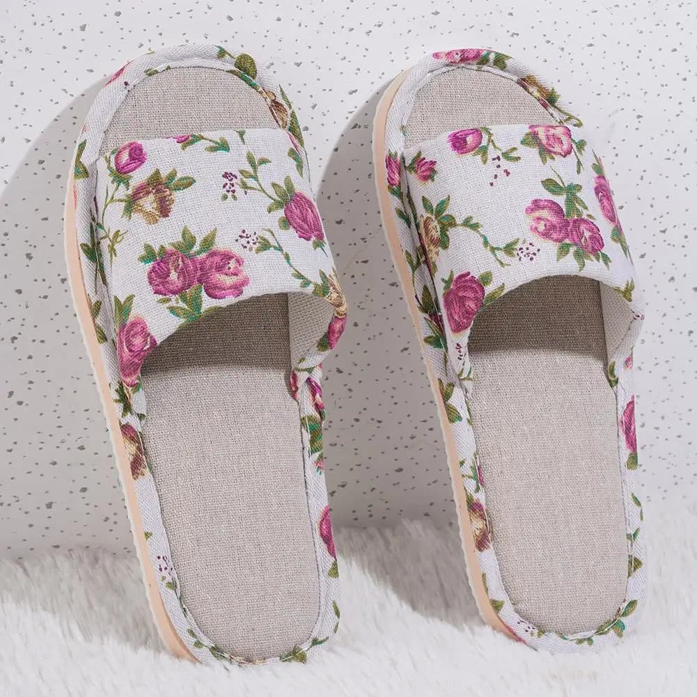 Comfortable slippers in Linen, Casual Floral Slippers for Women's Home, Winter Spring Sandals Autumn, Casual Floral slippers