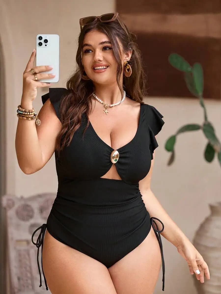Black Plus Size One Piece Swimsuit With Ruffle Shoulder And Cut Out Detail