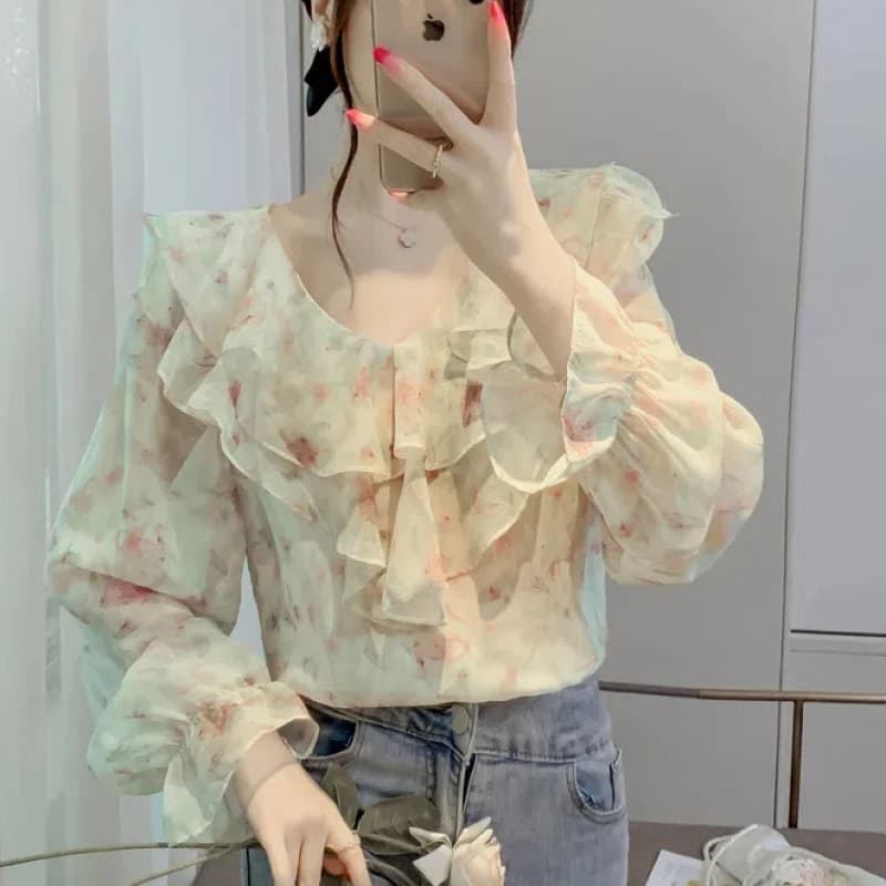 Korean pendulum spring autumn new women blouse with v-neck wrapped volant fashion loose sweet single top in Chiffon long sleeves