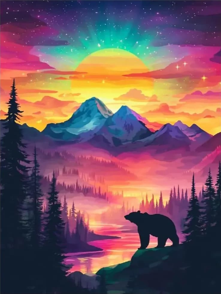Sunset Mountain Forest Bear Silhouette Landscape Art 5D DIY Diamond Painting Kit Mosaic Cross Stitch Handmade Home Wall Decor