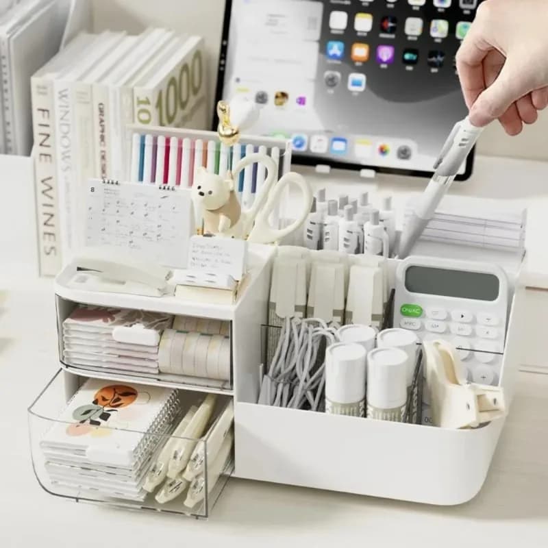 1Pcs Desktop Cosmetics Organizer with Drawers Pen Holder Stationary Storage Rack Ideal for Office Desks Stationery Sorting