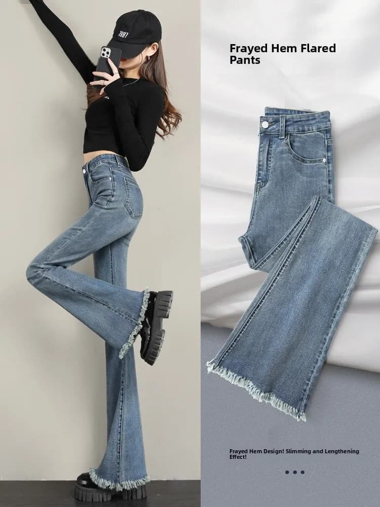 Jeans a Vita Alta Svasati da Donna, Pantaloni Bootcut Felpati, Modellanti per Statura Piccola, in Misto Cotone Drappeggiato Antipiega