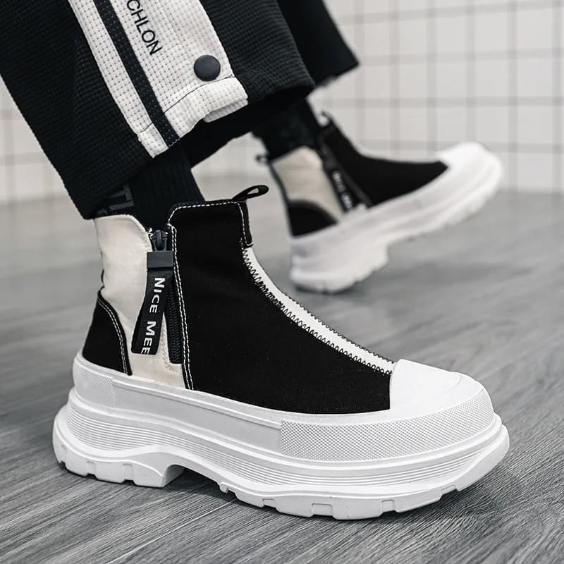 Stivali alti con suola spessa alla moda Scarpe da uomo Stivali Chelsea casual traspiranti Tendenza da uomo Sneakers con cerniera laterale in tela da uomo