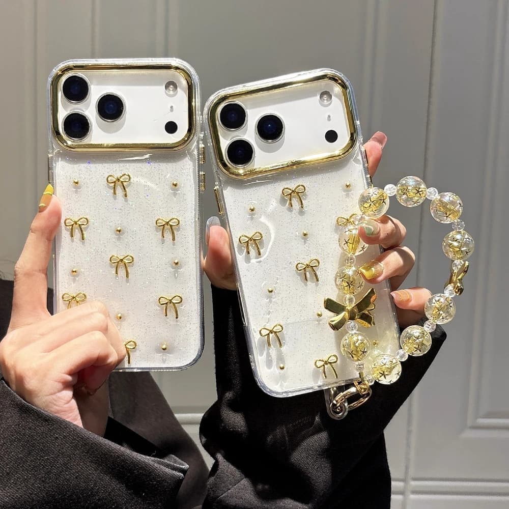 Glitter Gold Bowknot With Lanyard Phone Case For iPhone 16 15 14 13 12 11 17 Pro Max Plus Air Clear Shockproof Bumper Soft Cover