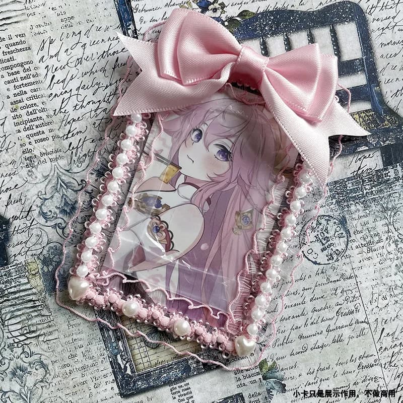 Porta Fotocard Kawaii con Fiocco in Pizzo e Decorazione di Perle, Protezione per Carte Kpop