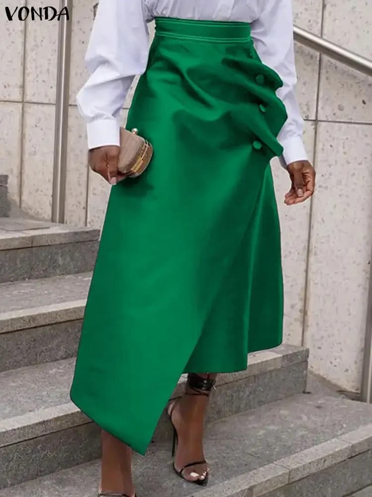 Gonne in raso taglie forti VONDA Donne eleganti Bottoni a vita alta Pieghe asimmetriche Maxi Jupes Moda Solid Long Faldas Saia 5XL