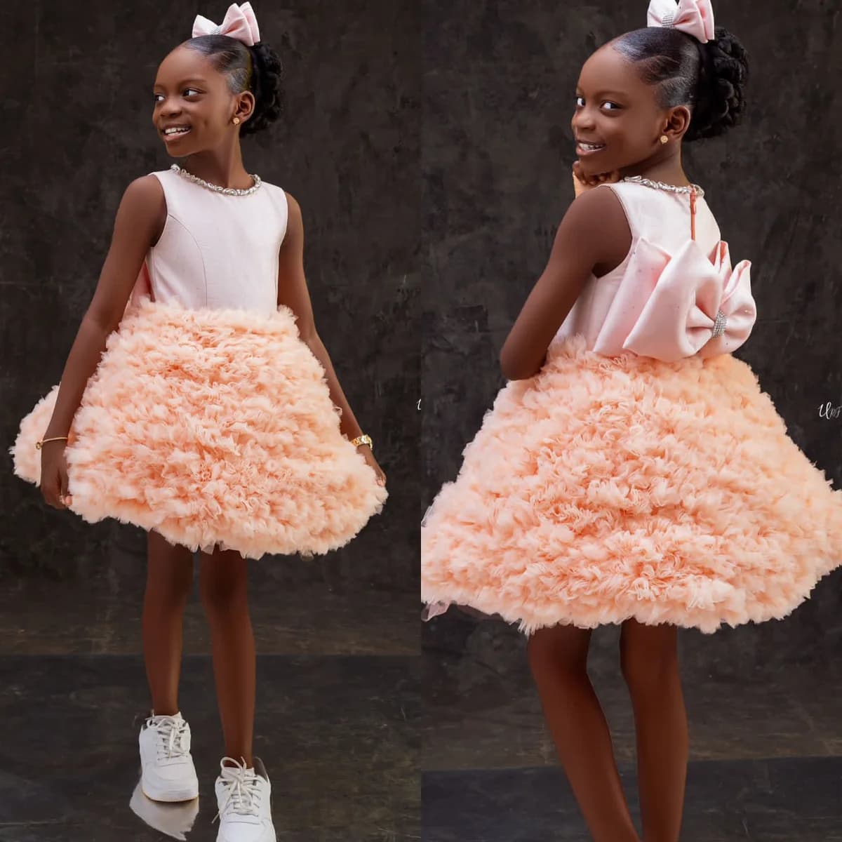 Abiti corti da ragazza di fiore per la festa di nozze Abiti da compleanno con volant personalizzati Abito da ballo principessa con fiocco per abito da servizio fotografico