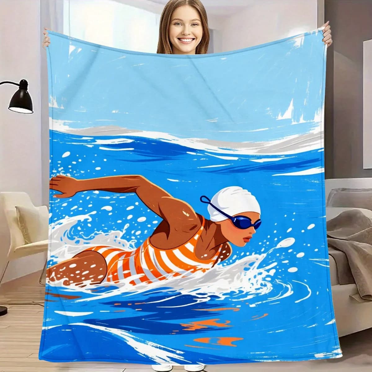 1 pezzo, coperta in flanella con motivo illustrato di nuotatore 2D, morbida e confortevole, regalo ideale per compleanni, anniversari, decorazioni per la casa