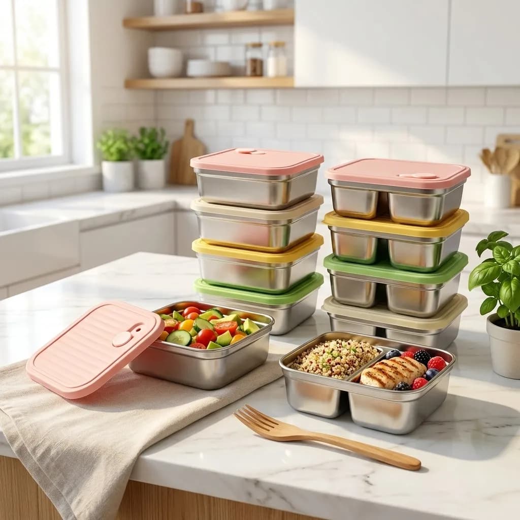 Contenitore Impilabile per Alimenti con 1/2 Scomparti, Adatto al Microonde, in Acciaio Inox 304, Scatola Sigillata per Frigorifero per Mantenere la Freschezza