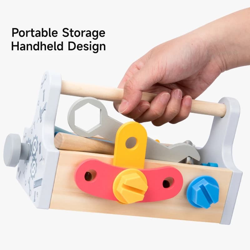 Cassetta degli Attrezzi in Legno per Bambini, Giocattolo Educativo con Kit di Riparazione Fai-da-Te, Set per Gioco di Ruolo con Dadi e Viti, Strumenti per Smontaggio e Assemblaggio, Regalo